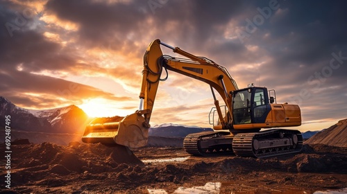 Excavator in earthworks in an open pit mine. Dig ore with an excavator in a quarry at sunset. Heavy construction equipment and Heavy Machinery during excavation at the Mining Site. Mining excavator photo