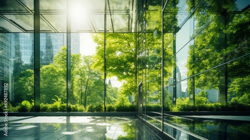 Exemplifying the ESG - Environmental, Social, Governance concept, a corporate glass building facade reflects green trees. Importance of integrating sustainability into business practice