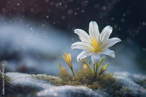 First sign of spring, new sapling from snow in wildlife. First sprout aspire to the sun. Snowdrop flowers in the snow. New life concept. Сard or banner for women day and holidays in March