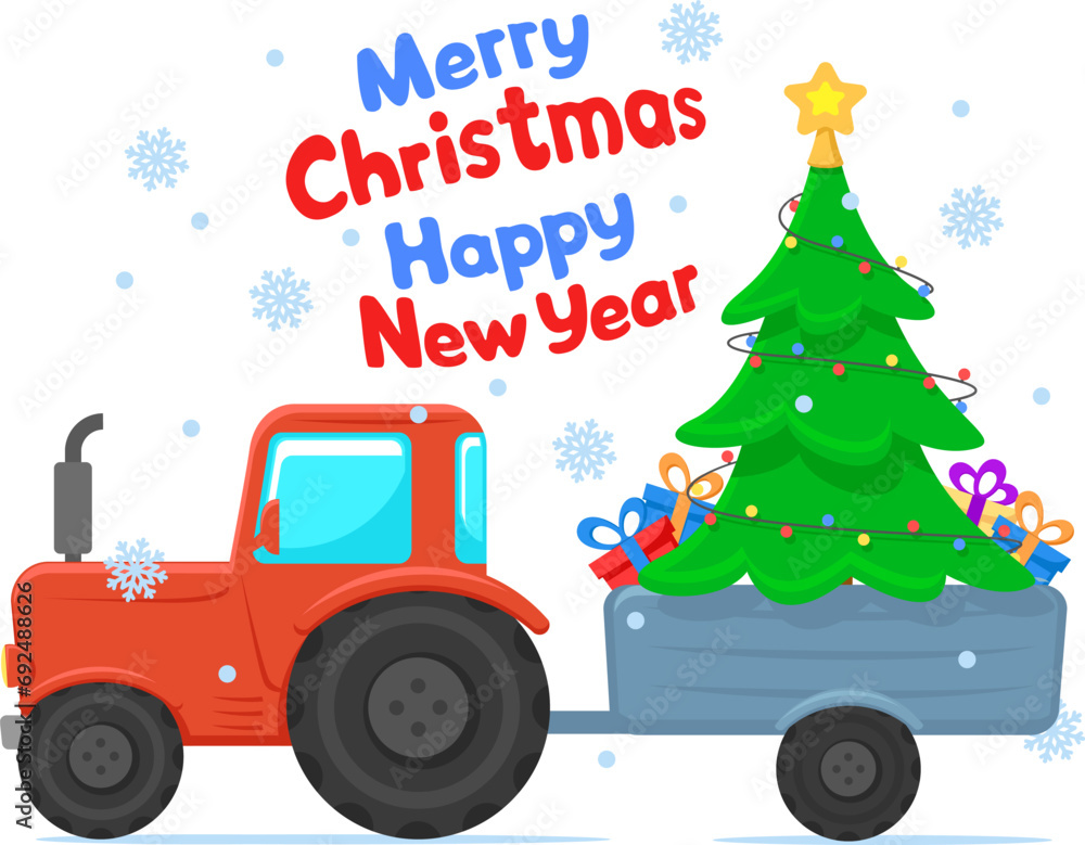 Tractor carries a Christmas tree and gifts in a trailer close-up on a white background. Happy new year