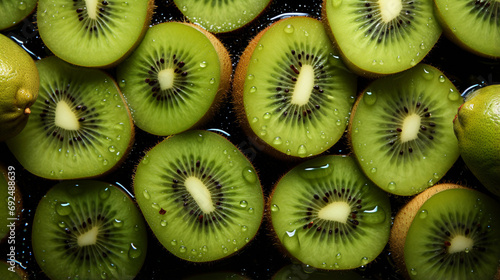 Slices of fruits containing kiwi arranged together. Generative AI