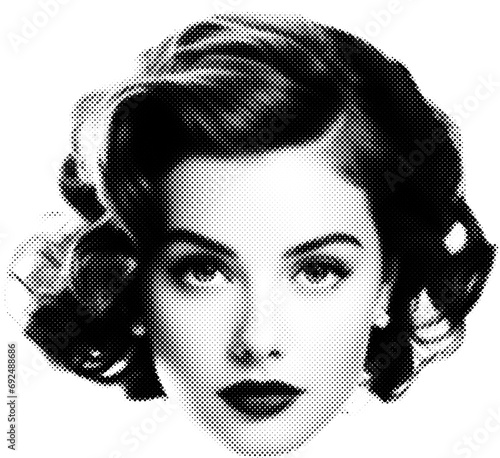Beautiful brunette woman isolated head in halftone dots texture, isolated black and white vector design element