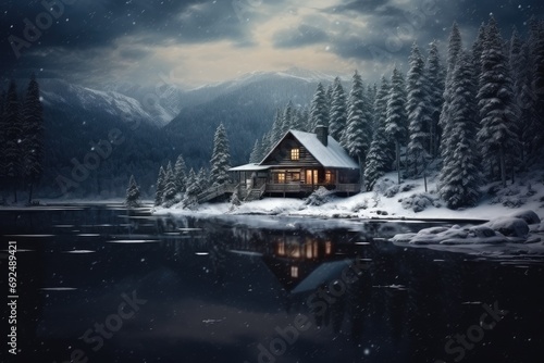 Beautiful view of lake with snow covered and wooden house in rocky mountains and pine forest on winter. Cottage or hotel for family vacation on winter holidays. Travel concept