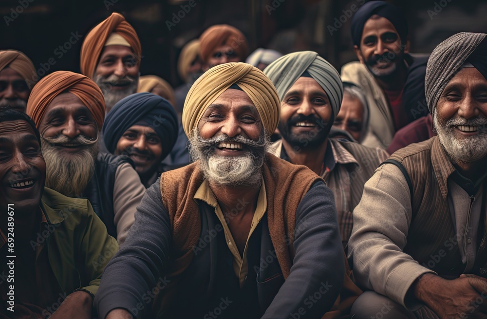 A group of Indian men in vibrant traditional attire and turbans, sitting and smiling. A group of Indian men in vibrant traditional attire and turbans, sitting and smiling.
