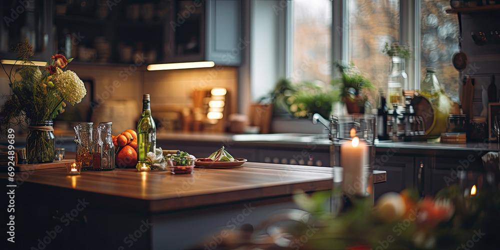 A cozy and contemporary kitchen with wooden accents, a table set for a healthy meal, and a touch of greenery. - obrazy, fototapety, plakaty 