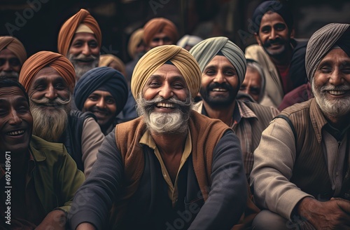 A group of Indian men in vibrant traditional attire and turbans, sitting and smiling.