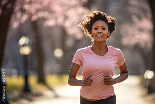 A fit and smiling black woman jogging in a blossoming park, embodying a healthy and active lifestyle during spring.