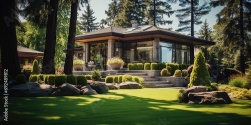 A beautiful Japanese pavilion surrounded by lush greenery, and vibrant seasonal foliage.