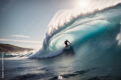 Surfer riding huge ocean tube wave leading healthy and active lifstyle, doing sport, enjoying vacation.
