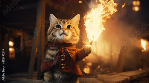 cat wearing wizard uniforms, hold a Magic wand on village ruin with fire flames. Generative AI