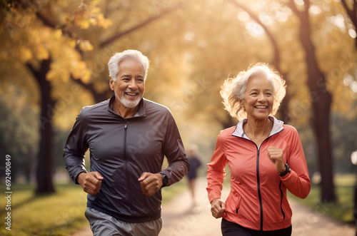 Happy senior couple running, jogging in the park, leading active, healthy lifestyle. Retirement hobby and leisure activity for elderly people.