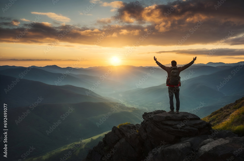 Man standing on the top of the mounrtain with raised up, outstretched hands. Hiker, traveler looking at the sunrise or sunset. Tourism, traveling and healthy lifestyle concept, success, achievment.
