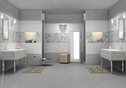 Luxury bathroom interior from the top  including grey polished marble. A white bathtub  some decorative accents  and a flowerpot will improve the scenery. 3D Rendering