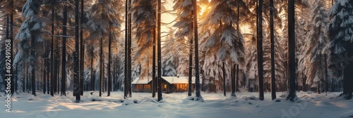 Wooden chalet in on snowy sunny winter forest. Wooden village house in a nature area covered with freshly fallen snow. Christmas holiday vacation concept photo