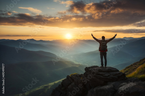 Man standing on the top of the mounrtain with raised up, outstretched hands. Hiker, traveler looking at the sunrise or sunset. Tourism, traveling and healthy lifestyle concept, success, achievment. 