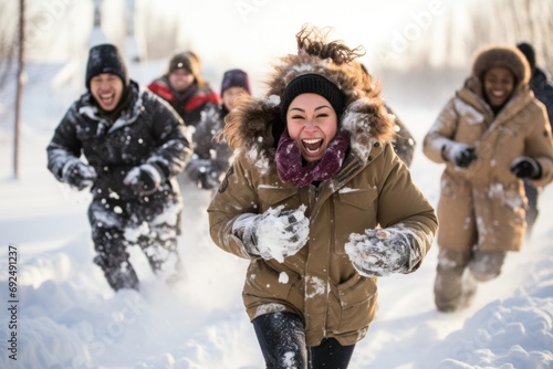 Group of coworkers participating in a winter obstacle course, promoting teamwork in a snowy setting