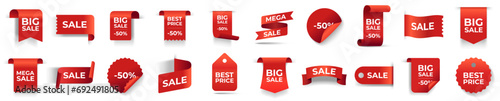 Best choice, sale banners. Red ribbons, tags and stickers. Vector illustration set