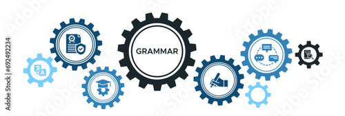 Grammar banner web icon vector illustration concept for language education with icon of communication, policy, learning, writing, speech, and reference book.