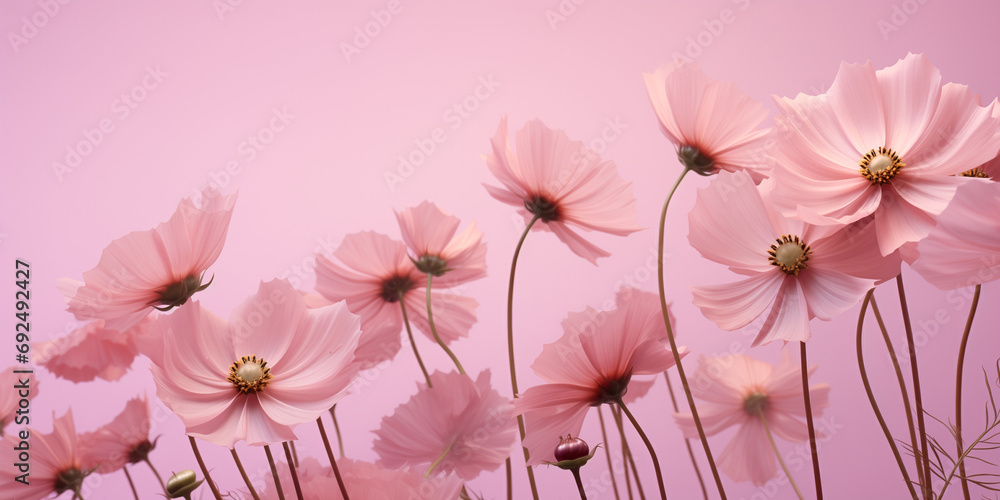 Beautiful composition spring flowers. Bouquet of pink cosmos flowers on pastel pink background. Valentine's Day, Easter, Birthday, Happy Women's Day, Mother's Day. Flat lay, top view, copy space