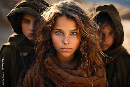 Syrian child girl posing for Camera at the refugee Camp. Afghan children, young girls posing photo