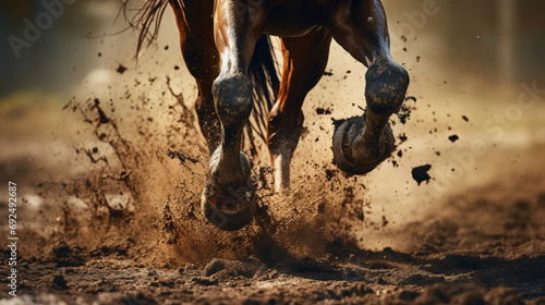 Dust under the horse's hooves. Legs of a galloping horse