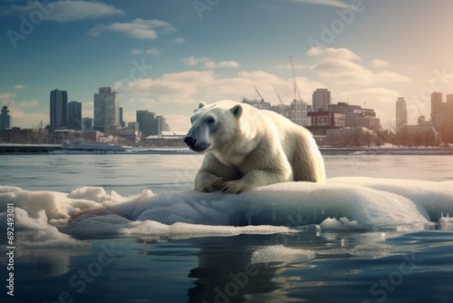 Polar bear on a block of ice drifting in a city photo