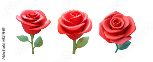 Set of 3D Cartoon Rendered Red Rose Flower Buds, Isolated on Transparent Background, PNG