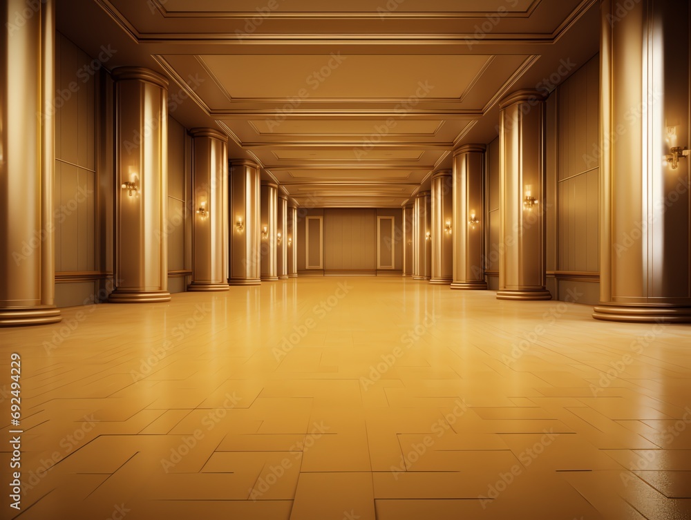 a long hallway with columns and lights