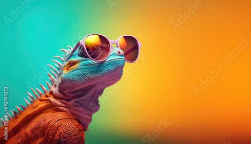 Chameleon wearing mirrored glasses on a multi-coloured background photo