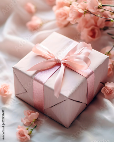 wrapped gift in soft colors surrounded by flowers, holiday greetings, postcard © Ксения Маслова
