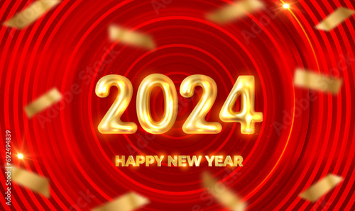 Realistic 2024 Metallic golden numbers with confetti on concentric circular lines background. 3d metallic golden number 2024 for Happy New Year or Merry Christmas. Celebration New Year. Vector EPS10.