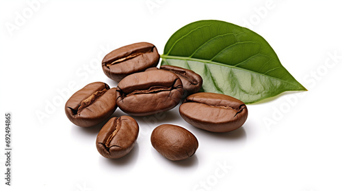Fresh roasted coffee beans with leaves, shiny fresh roasted coffee beans isolated on white background