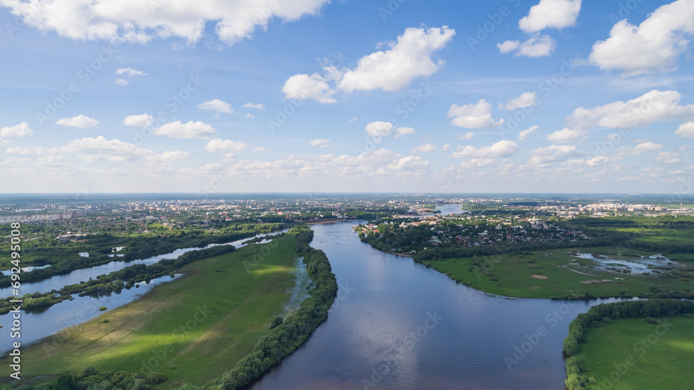 Panoramic aerial view of Veliky Novgorod in sunny summer day. The river divides the city into two parts