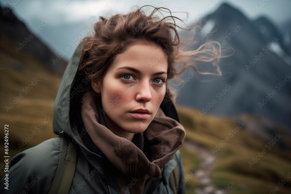 epic female portrait in trekking clothes. mountaineering. environment. outdoor sport
