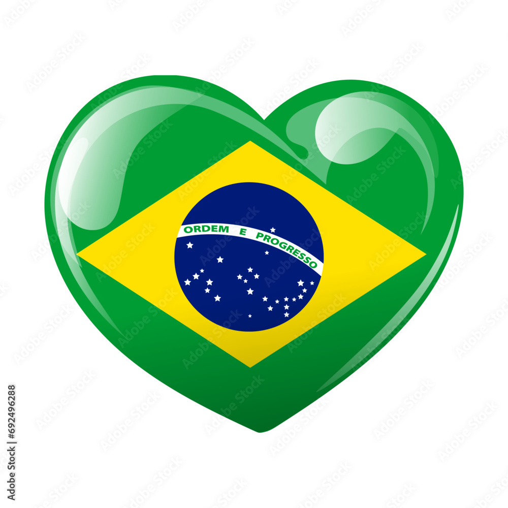 Fototapeta premium Flag of Brazil in the shape of a heart. Heart with Brazil flag. 3d illustration, vector