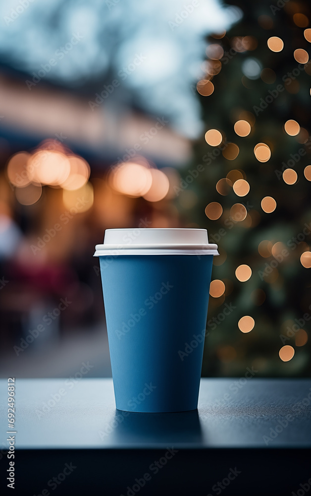 Paper cup with coffee сlose up. Blue coffee cup. Christmas tree with lights on the background. Holiday season. Time for coffee. Coffee to go. Take a break. Disposable paper cup. Mockup. Generated AI Paper cup with coffee сlose up. Blue coffee cup. Christmas tree with lights on the background. Holiday season. Time for coffee. Coffee to go. Take a break. Disposable paper cup. Mockup. Generated AI