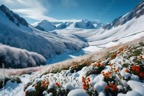 Snow-covered hills and valleys dotted with pockets of colorful winter flowers, showcasing the magic that unfolds when nature weaves together the elements of snowfall and floral splendor