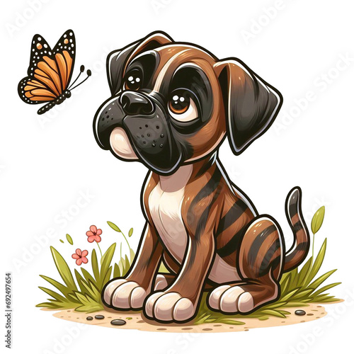 Cute cartoon brindle boxer puppy looking at a butterfly. Isolated, cut out png
