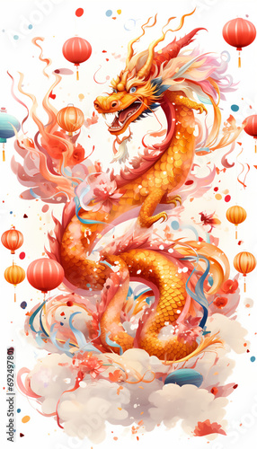 Happy chinese new year 2024. oriental dragon zodiac sign with flower,lantern,asian elements gold paper cut illustration style on color background. vertical portrait format 