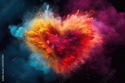 Colorful Powder Heart Shape Love Blowing Up. Holi Powder Blast on Sky, Multicolor Powder Smoke Explosion on Valentine's Day Abstract Background.