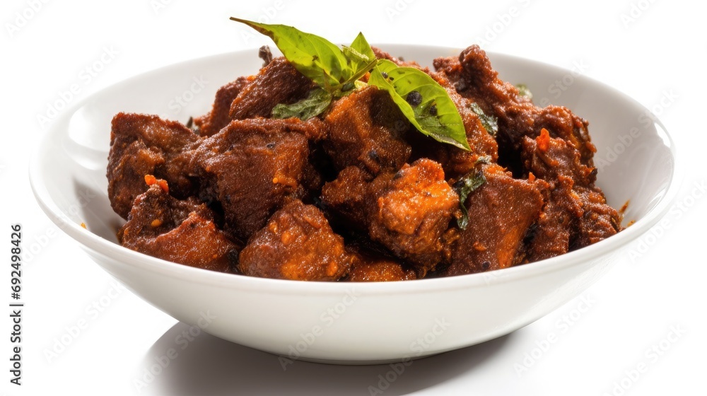 Kerala chicken dried curry on a table, white bowl Kerala chicken dried curry on a table, white bowl