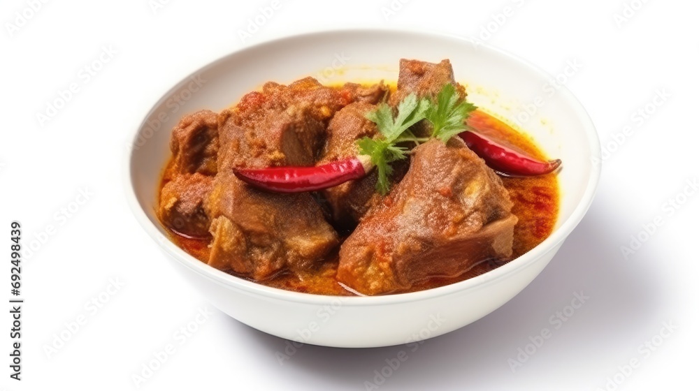 Kerala chicken curry on a table, white bowl Kerala chicken curry on a table, white bowl
