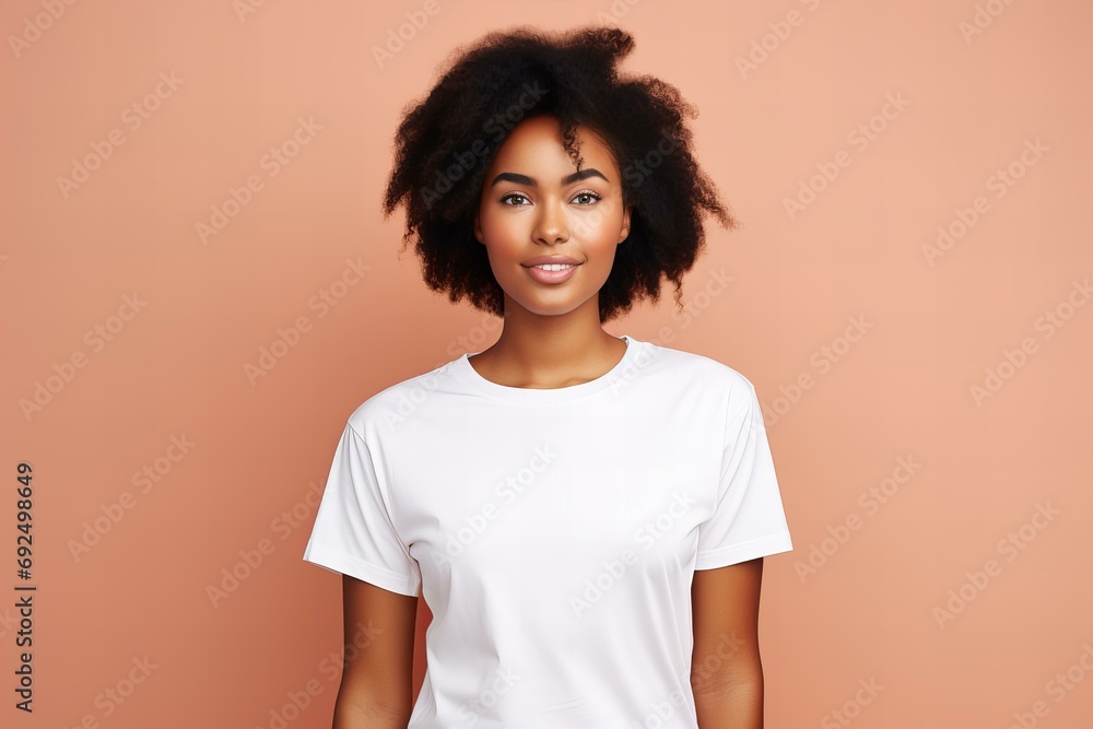 design mockup with black woman wearing plain blank white t-shirt on a pastel peach background, studio portrait design mockup with black woman wearing plain blank white t-shirt on a pastel peach background, studio portrait