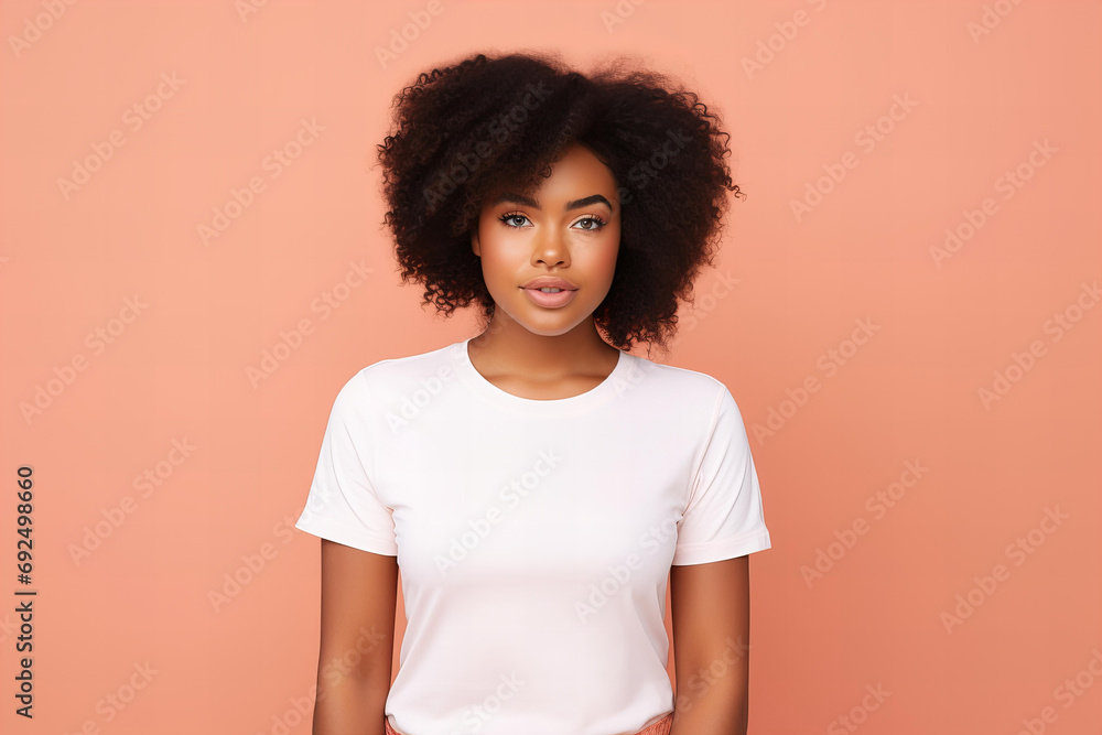 design mockup with black woman wearing plain blank white t-shirt on a pastel peach background, studio portrait design mockup with black woman wearing plain blank white t-shirt on a pastel peach background, studio portrait