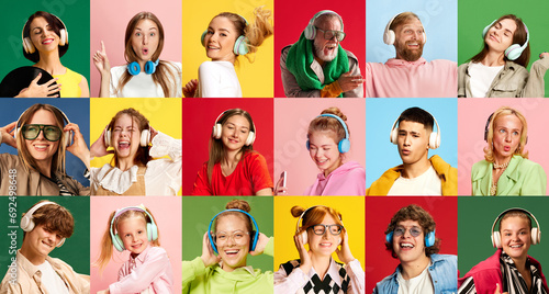 Collage. Different emotional people, men and women listening to music in headphones over multicolored background. Happy mood