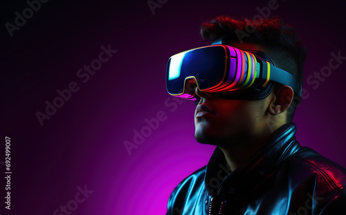 Man wearing VR Glasses. Metaverse digital cyber world technology. Playing AR augmented reality game and entertainment, futuristic lifestyle. Copy space © Jsanz_photo