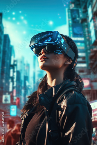 Vertical photo of a young girl wearing VR Glasses. Metaverse digital cyber world technology. Playing AR augmented reality game and entertainment, futuristic lifestyle