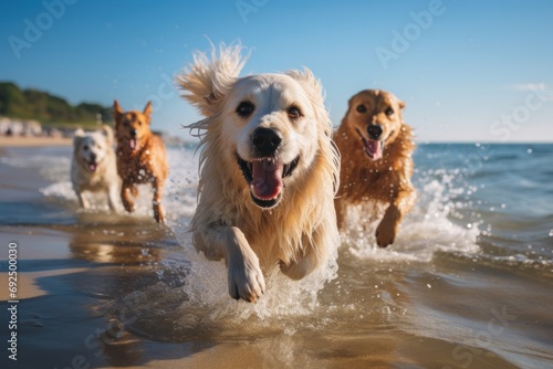 Several happy dogs run along the edge of the sea with their tongues hanging out, splashing water on a sunny day on the beach