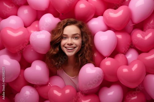 Portrait of a young happy woman with pink balloons in the shape of hearts.