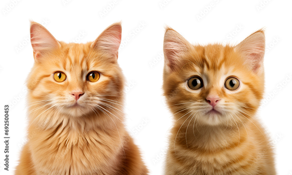 Set of Orange Cats: Detailed Look at Kitten and Adult, Isolated on Transparent Background, PNG Set of Orange Cats: Detailed Look at Kitten and Adult, Isolated on Transparent Background, PNG